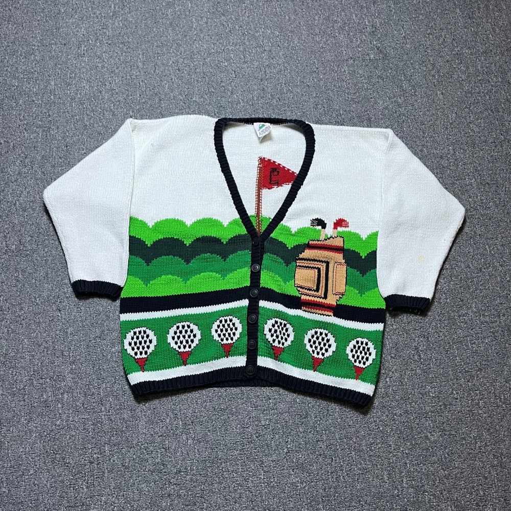 Vintage Andina Golf Cardigan Sweater XL White Green Knit Intarsia Cotton 90s
